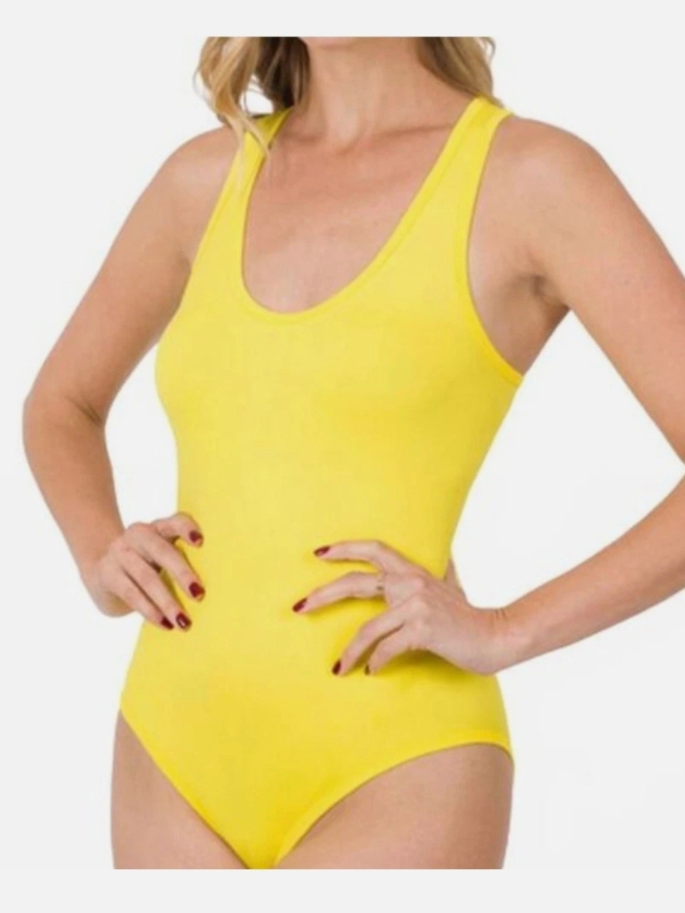 Zenana Womens Yellow Racerback Scoop Neck Snap Bottom Tank Top Bodysuit-S,M,L,XL